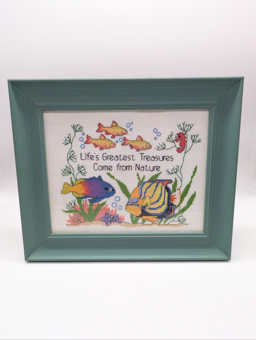 Vintage Ocean Fish Coral Blue  Green Orange Colorful Framed Cross Stitch